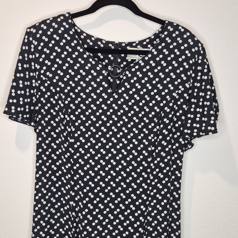 Vintage 90s Revival Rayon Tie Back‎ Dress Ditsy Button Print Grunge Punk